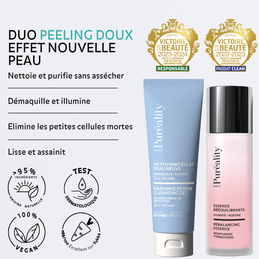 Duo peeling doux Puréality nettoyant éclat et essence purifiante : nettoie, purifie, illumine et lisse la peau sans dessécher