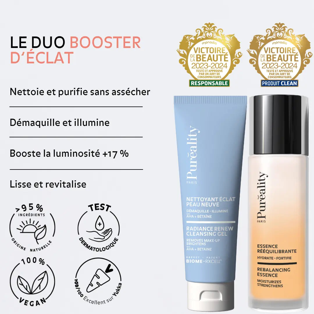 Duo éclat Puréality Paris nettoyant visage et essence hydratante qui purifient, démaquillent, illuminent et boostent la luminosité de la peau sans l’assécher