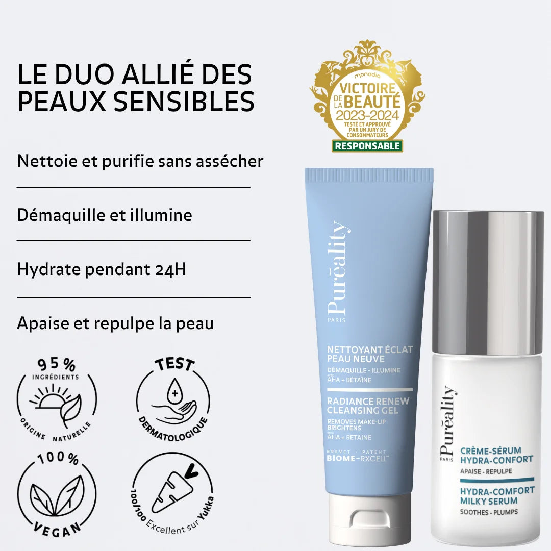Duo soins peaux sensibles Puréality avec nettoyant éclat et crème-sérum hydra-confort : nettoie, hydrate 24h, apaise et repulpe la peau