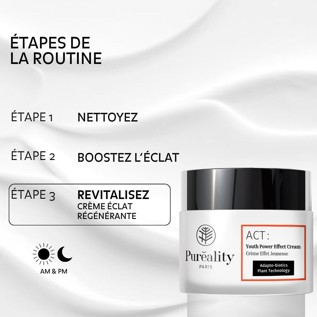 Image promotionnelle présentant une routine de soin visage en trois étapes : « Étape 1 : nettoyez », « Étape 2 : boostez l’éclat », « Étape 3 : revitalisez – crème éclat régénérante ». Icône indiquant une utilisation matin et soir (AM & PM). À droite, visuel du pot « Puréality -Crème Eclat Régénérante ».