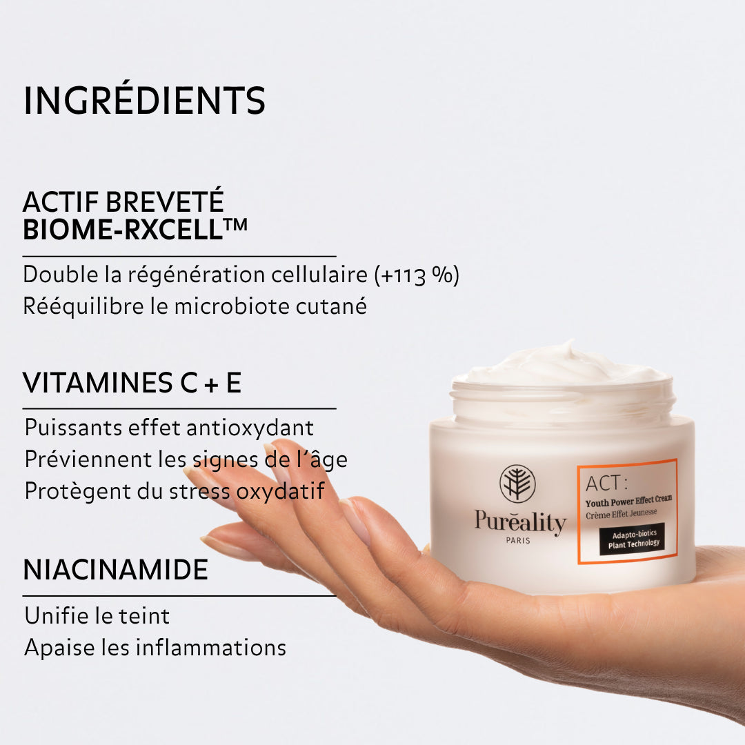 Image promotionnelle d’un soin visage : un pot de crème « Puréality - Crème Eclat Régénérante » posé sur une main. À gauche, texte listant les ingrédients et leurs bénéfices : actif breveté BIOME-RXCELL™ (double la régénération cellulaire +113 %, rééquilibre le microbiote cutané), vitamines C + E (antioxydantes, préviennent les signes de l’âge, protègent du stress oxydatif) et niacinamide (unifie le teint, apaise les inflammations).
