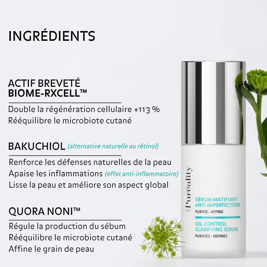 Flacon de sérum avec fleur. Texte indiquant : BIOME-RXCELL™, bakuchiol (alternative naturelle au rétinol, apaise et lisse), et Quora Noni™ (régule le sébum, affine le grain de peau, rééquilibre le microbiote).