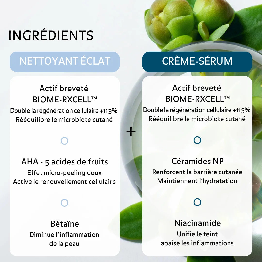 Ingrédients soins Puréality : BIOME-RXCELL, AHA, bétaïne, céramides et niacinamide pour renforcer la barrière cutanée et apaiser la peau