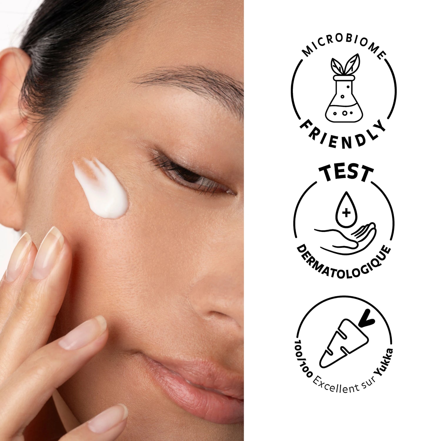 Application de la Crème-Sérum Hydra-Confort Régénérante Pureality – soin microbiome-friendly, testé dermatologiquement, 100/100 sur Yuka.