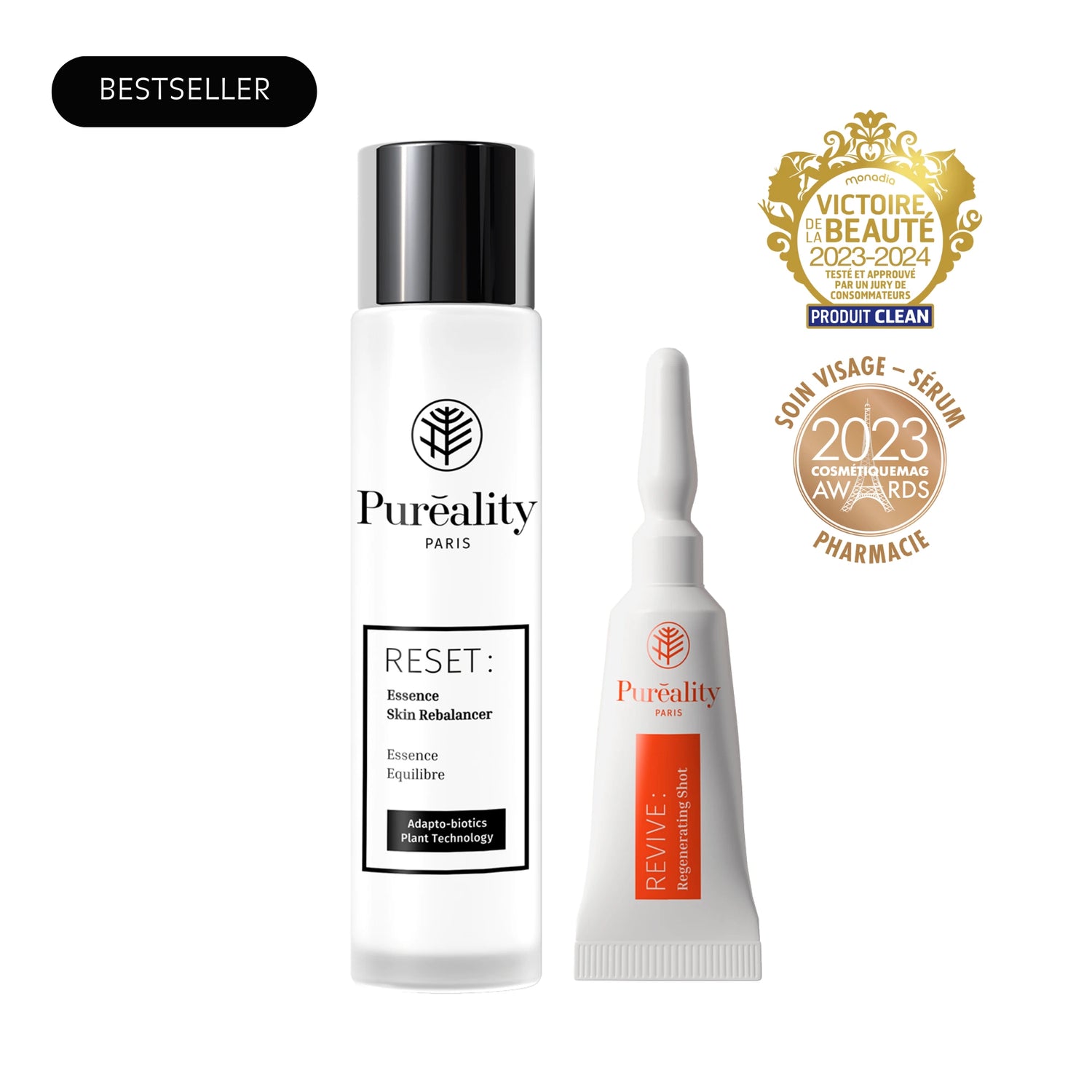 Produit Pureality RESET rides et fermeté – Essence régénérante visage anti-tâches et éclat, best-seller primé Victoire de la Beauté 2023-2024 et CosmétiqueMag Awards.