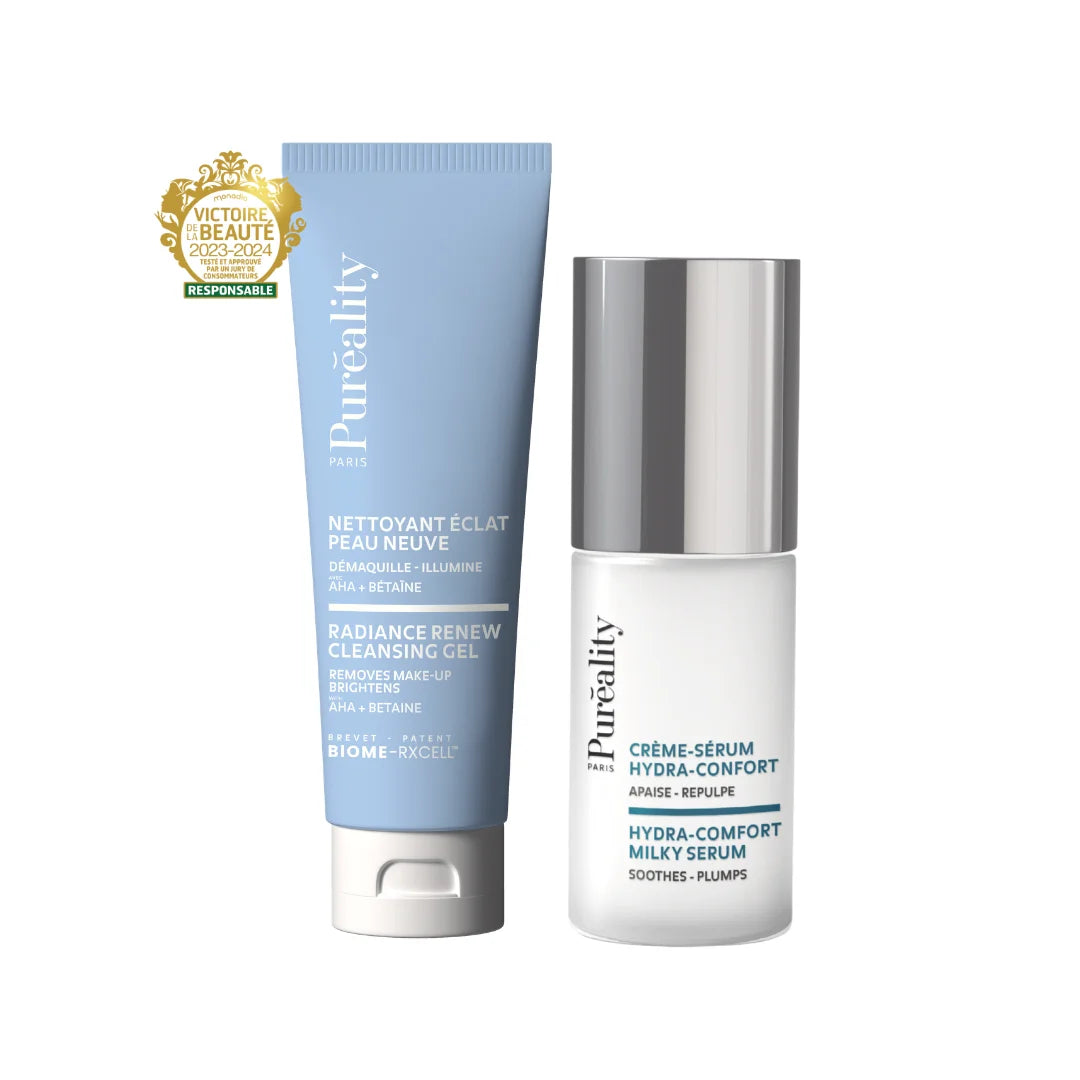 Duo soins Puréality avec nettoyant éclat peau neuve et crème-sérum hydra-confort pour peau sensible