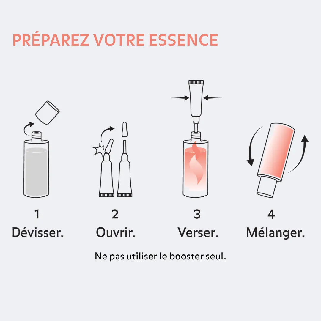 Préparation de l’essence Puréality Paris avec booster à mélanger dans le flacon avant utilisation pour activer les actifs régénérants