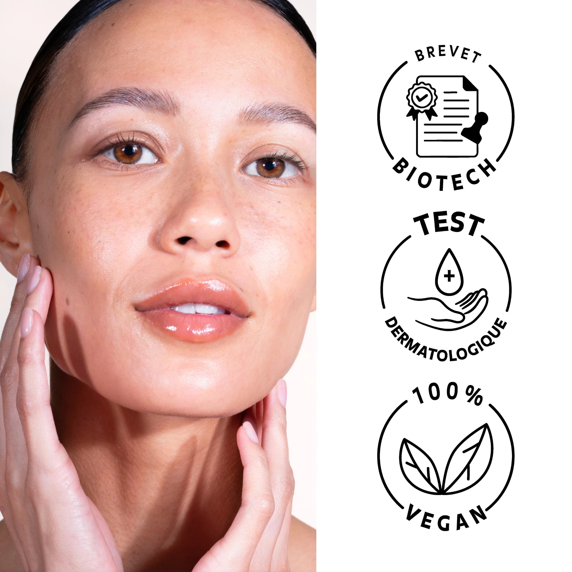 Peau éclatante après application de l’essence Puréality – formule brevetée biotech, testée dermatologiquement et 100 % vegan.