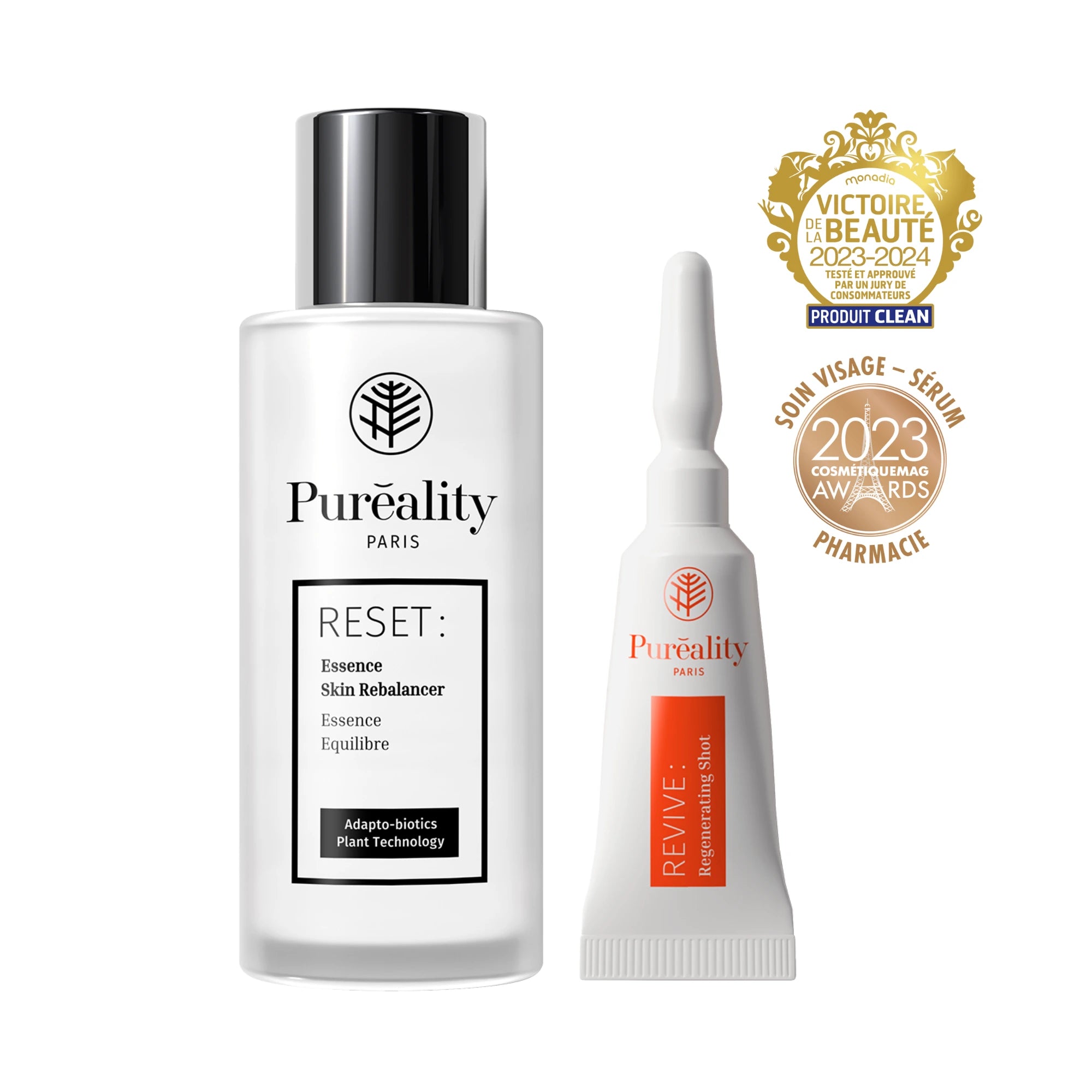 Produit Pureality RESET rides et fermeté – Essence régénérante visage anti-tâches et éclat, primé Victoire de la Beauté 2023-2024 et CosmétiqueMag Awards.