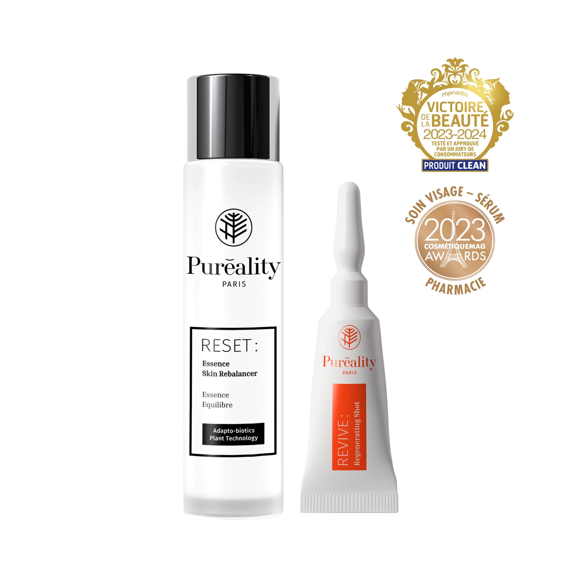 Produit Pureality RESET rides et fermeté – Essence régénérante visage anti-tâches et éclat, best-seller primé Victoire de la Beauté 2023-2024 et CosmétiqueMag Awards.