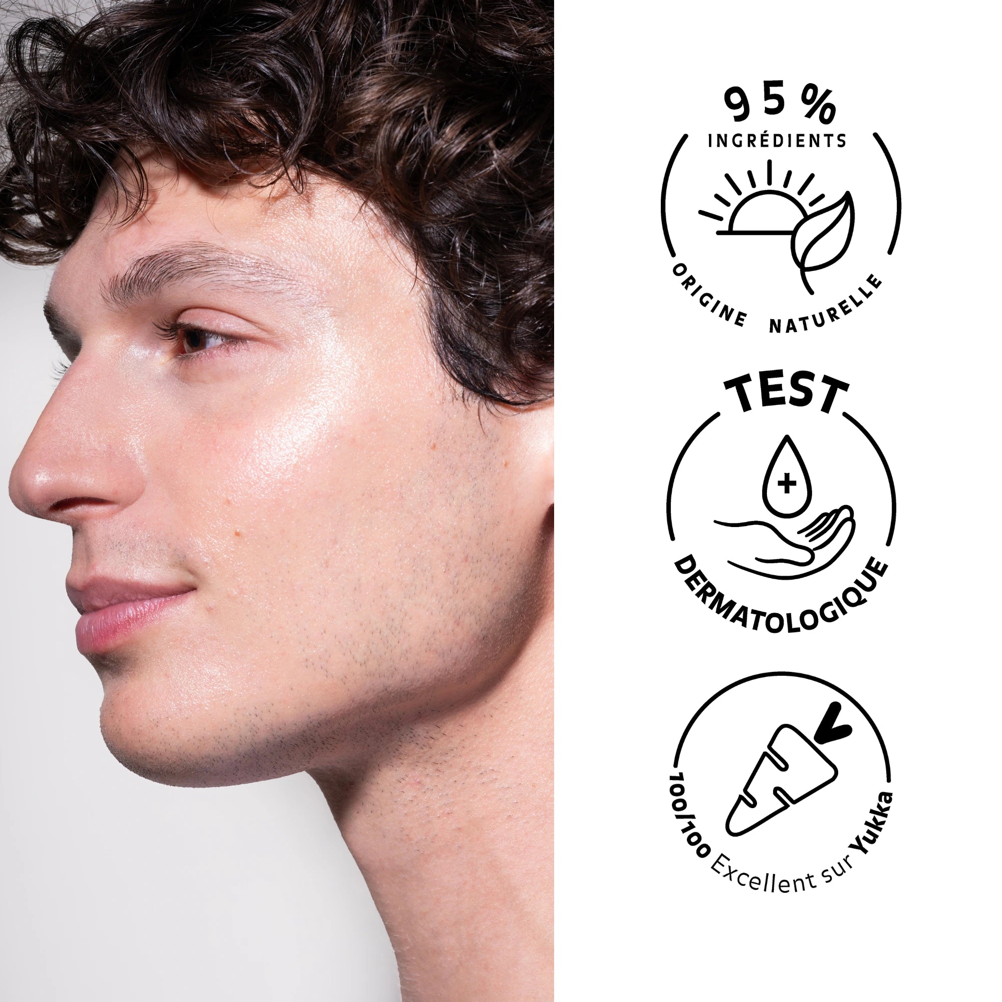 Homme avec peau nette et matifiée après application du Sérum Perfecteur de Peau Pureality – 95 % d&