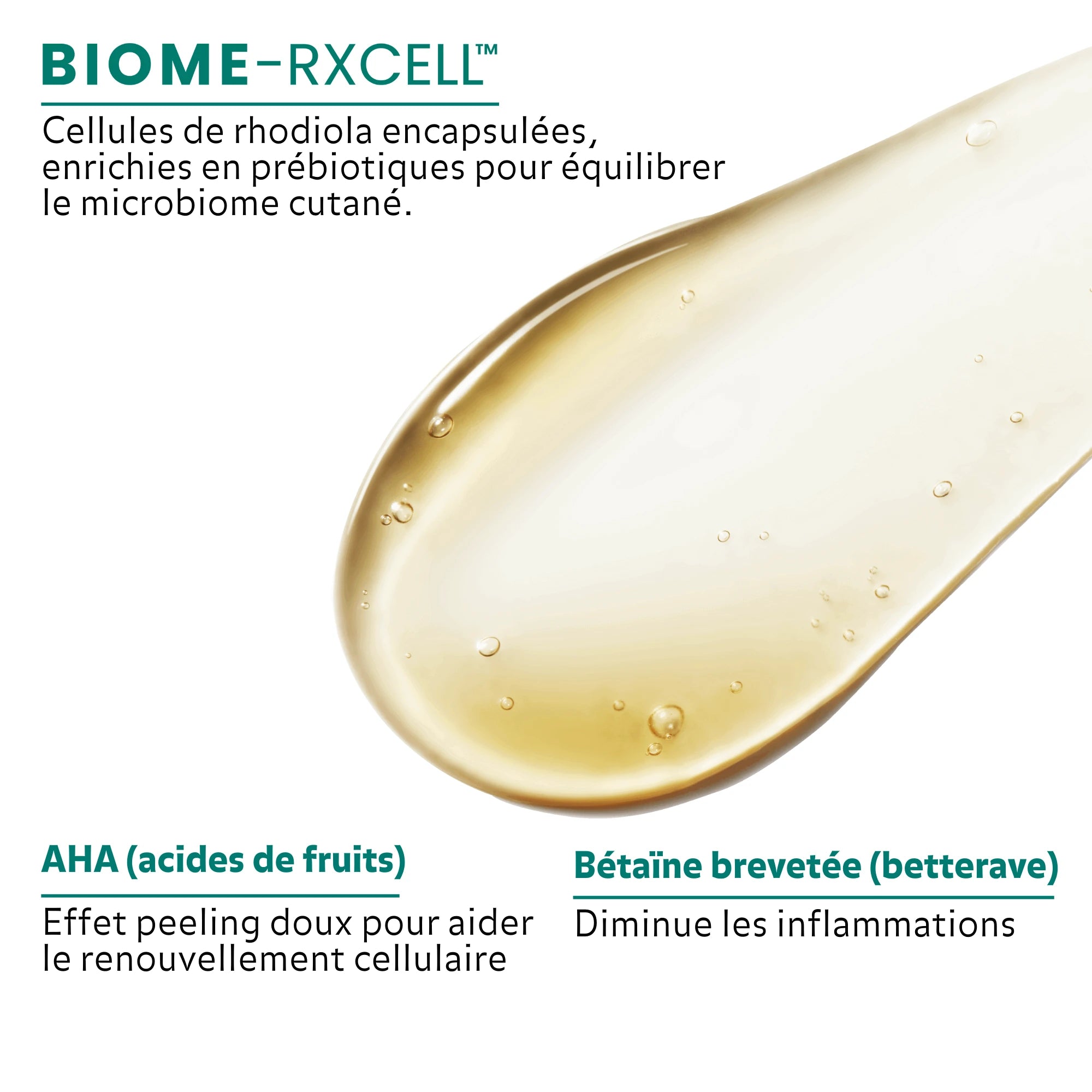 Zoom sur la texture du Nettoyant Éclat Peau Neuve composé du complexe BIOME–RXCELL™ de Puréality, associant cellules de rhodiola, AHA (acides de fruits) et bétaïne de betterave pour équilibrer le microbiome cutané, stimuler le renouvellement cellulaire et apaiser les inflammations.