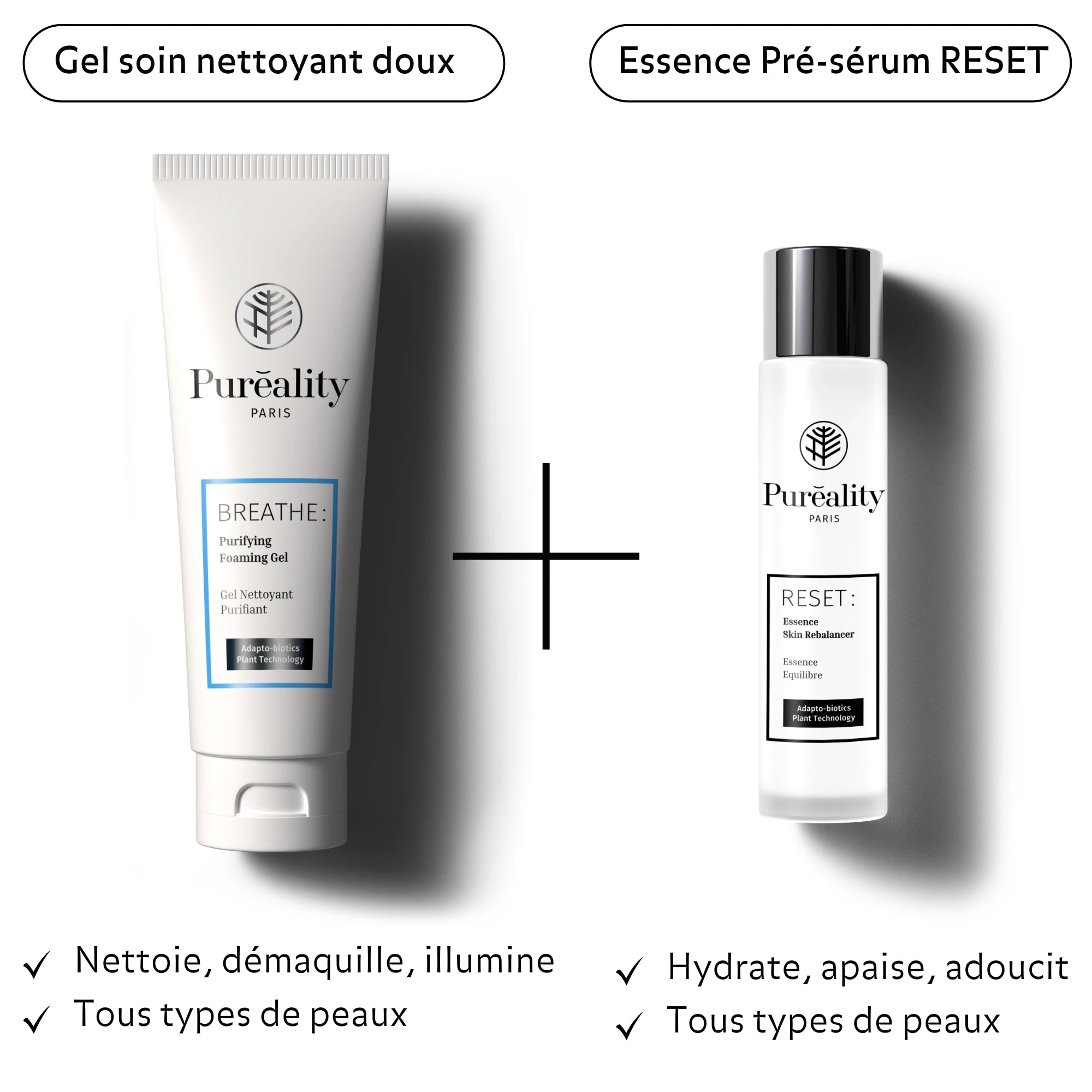 Le protocole soin Reset Puréality composé du Nettoyant Éclat Peau Neuve et L&