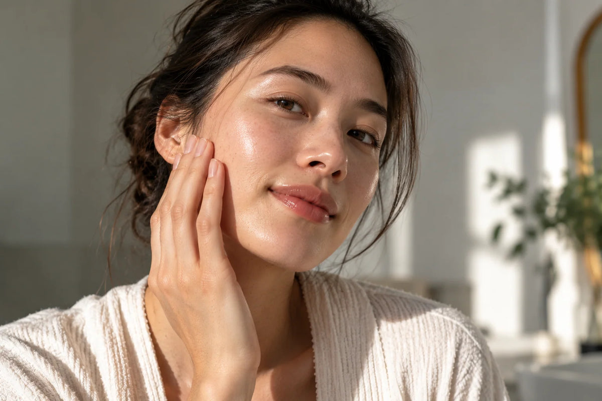 Femme à la peau naturellement lumineuse et hydratée, illustrant l’effet Glass Skin inspiré de la routine de soins coréenne.
