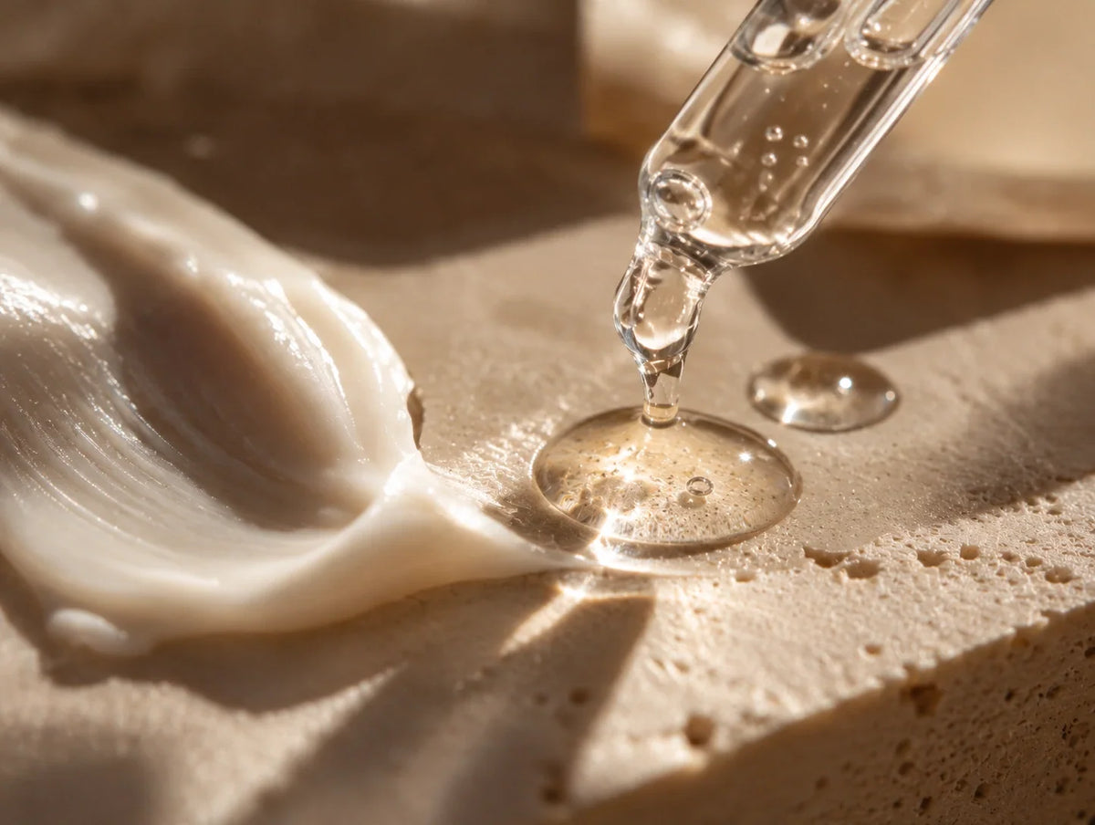 Gros plan sur une pipette déposant un sérum transparent à côté d’une texture de crème blanche, sur une surface beige naturelle.