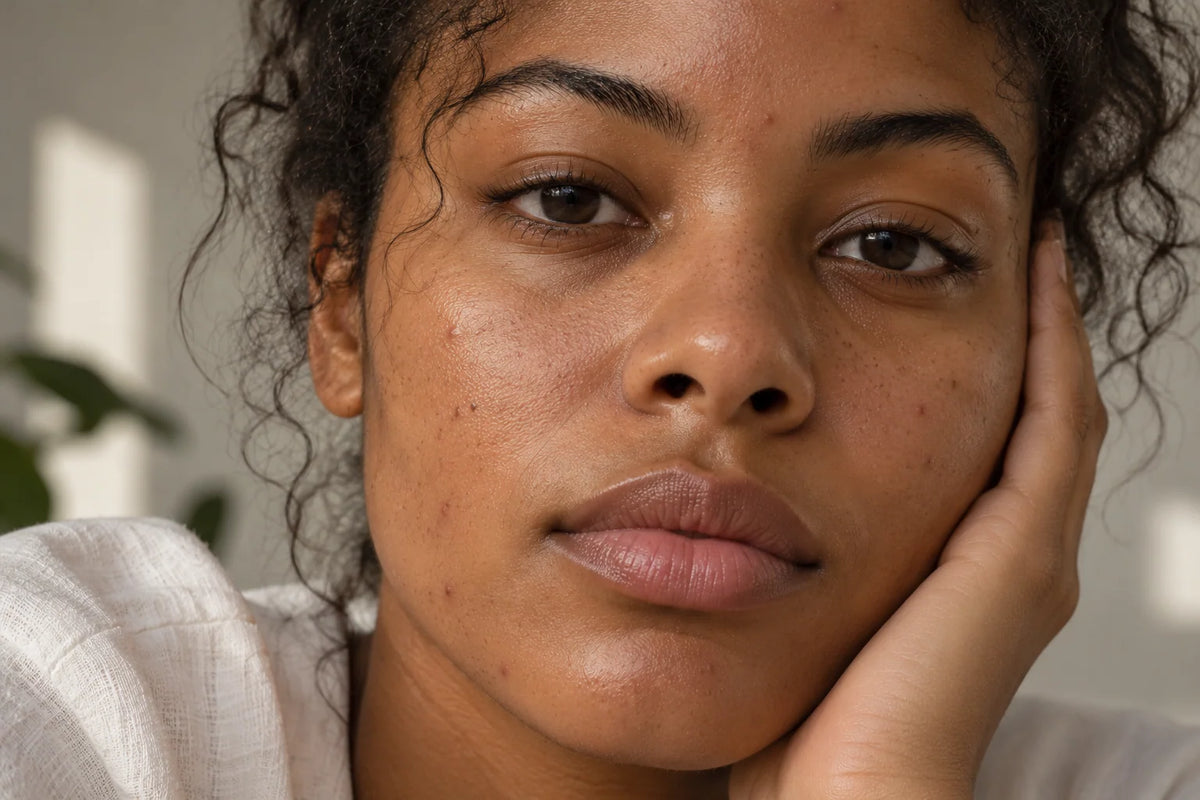 Portrait de face d’une femme à la peau brune présentant de légères imperfections et des marques d’acné sur les joues, avec une texture de peau naturelle et visible.