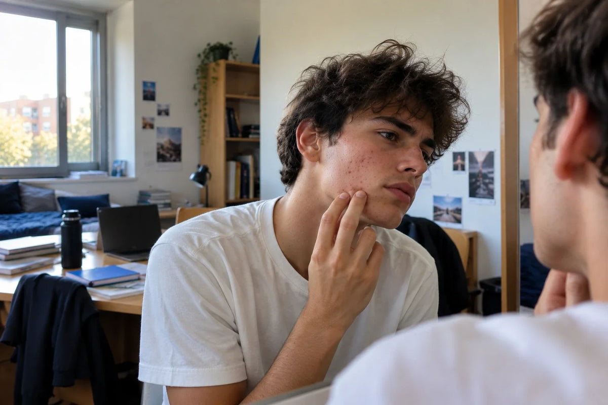 Jeune étudiant présentant des boutons d’acné sur les joues, observant sa peau dans un miroir avant la rentrée de septembre.