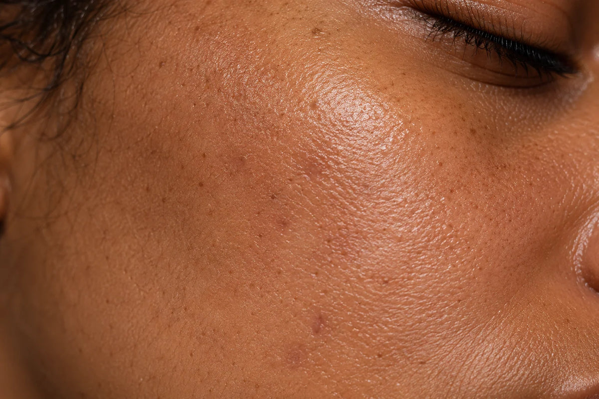Gros plan sur la joue d’une femme à la peau brune, montrant une texture cutanée naturelle, des pores visibles et de légères irrégularités.
