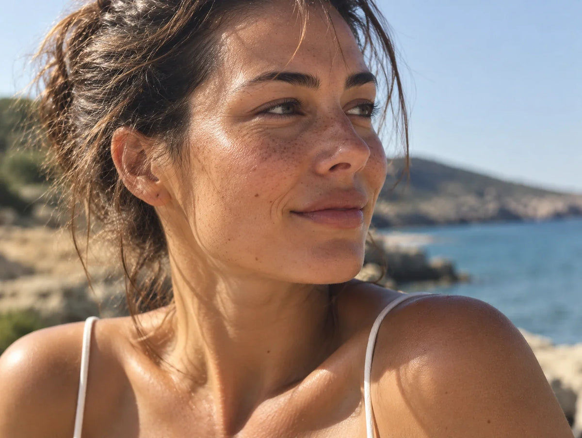 Portrait naturel d’une femme au bord de la mer en été, avec une peau légèrement brillante, des pores visibles et des taches de rousseur.