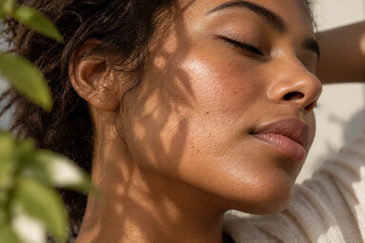 Gros plan sur le visage d’une femme à la peau brune naturellement lumineuse, avec une texture de peau visible et un éclat hydraté illustrant l’effet Glass Skin.