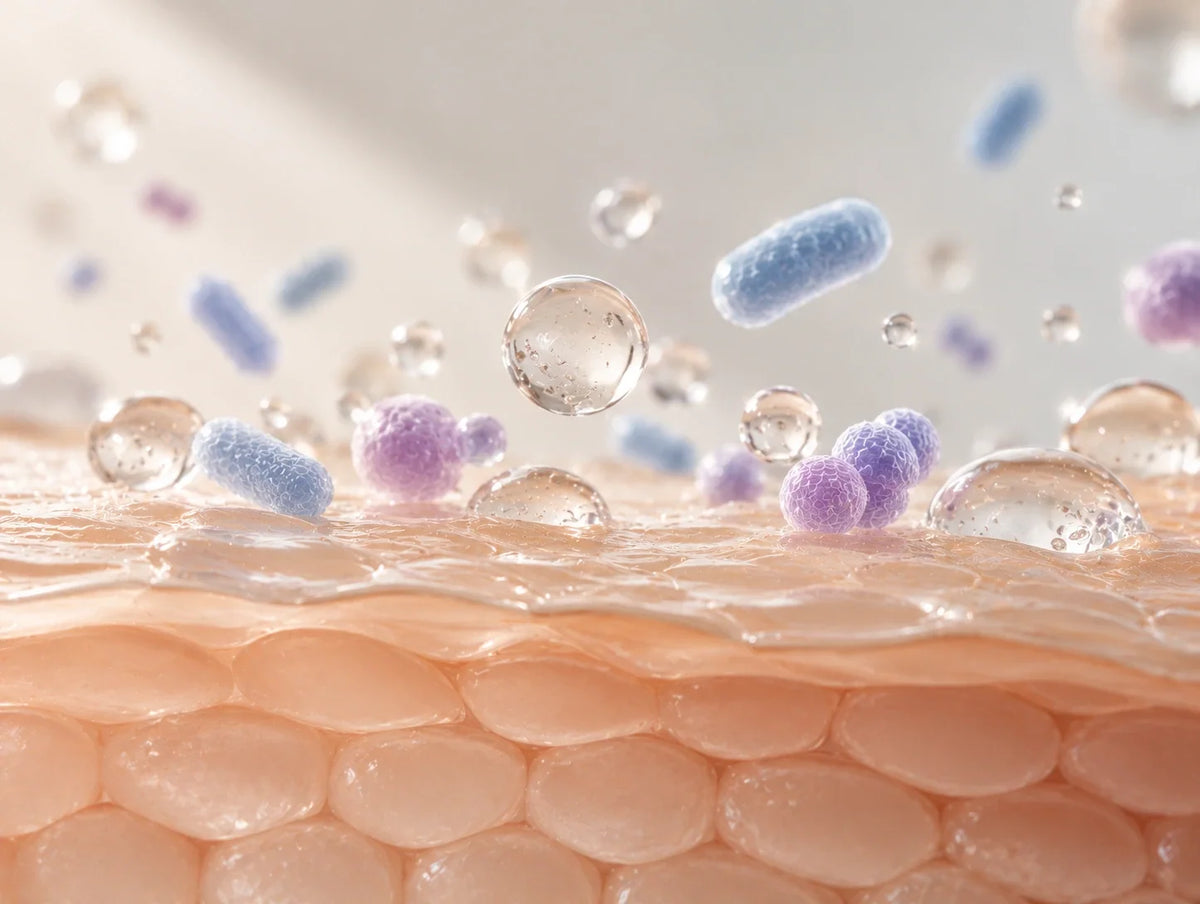 Illustration 3D du microbiome cutané montrant des micro-organismes bleus et violets à la surface de la peau, accompagnés de gouttelettes symbolisant l’hydratation.