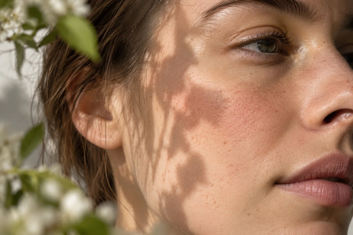 Gros plan sur la peau naturellement texturée d’une femme, avec de légères rougeurs sur les joues et des taches de rousseur, à la lumière du printemps.