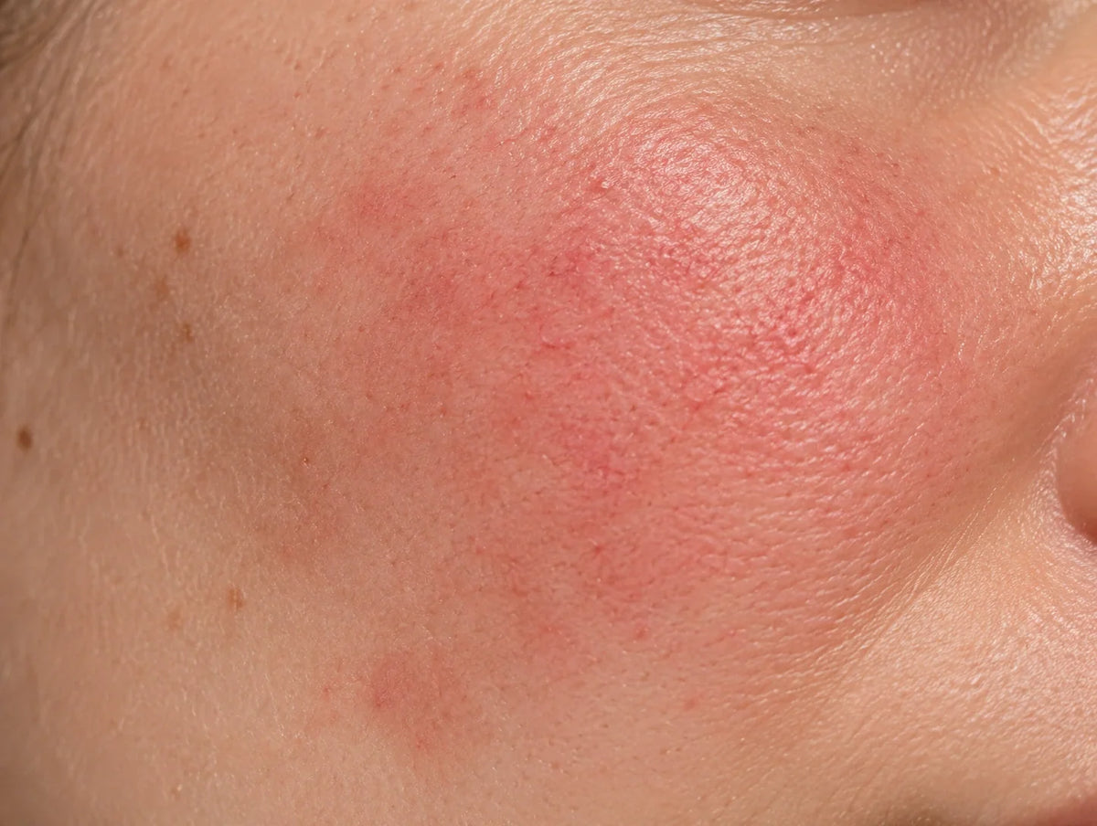 Gros plan sur une zone de peau présentant des rougeurs diffuses, une irritation visible et une texture cutanée naturelle avec des pores apparents.
