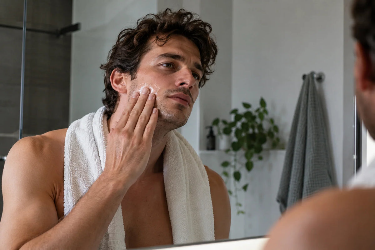 Homme prenant soin de sa peau après le rasage pour apaiser les irritations et retrouver une peau douce et lumineuse.
