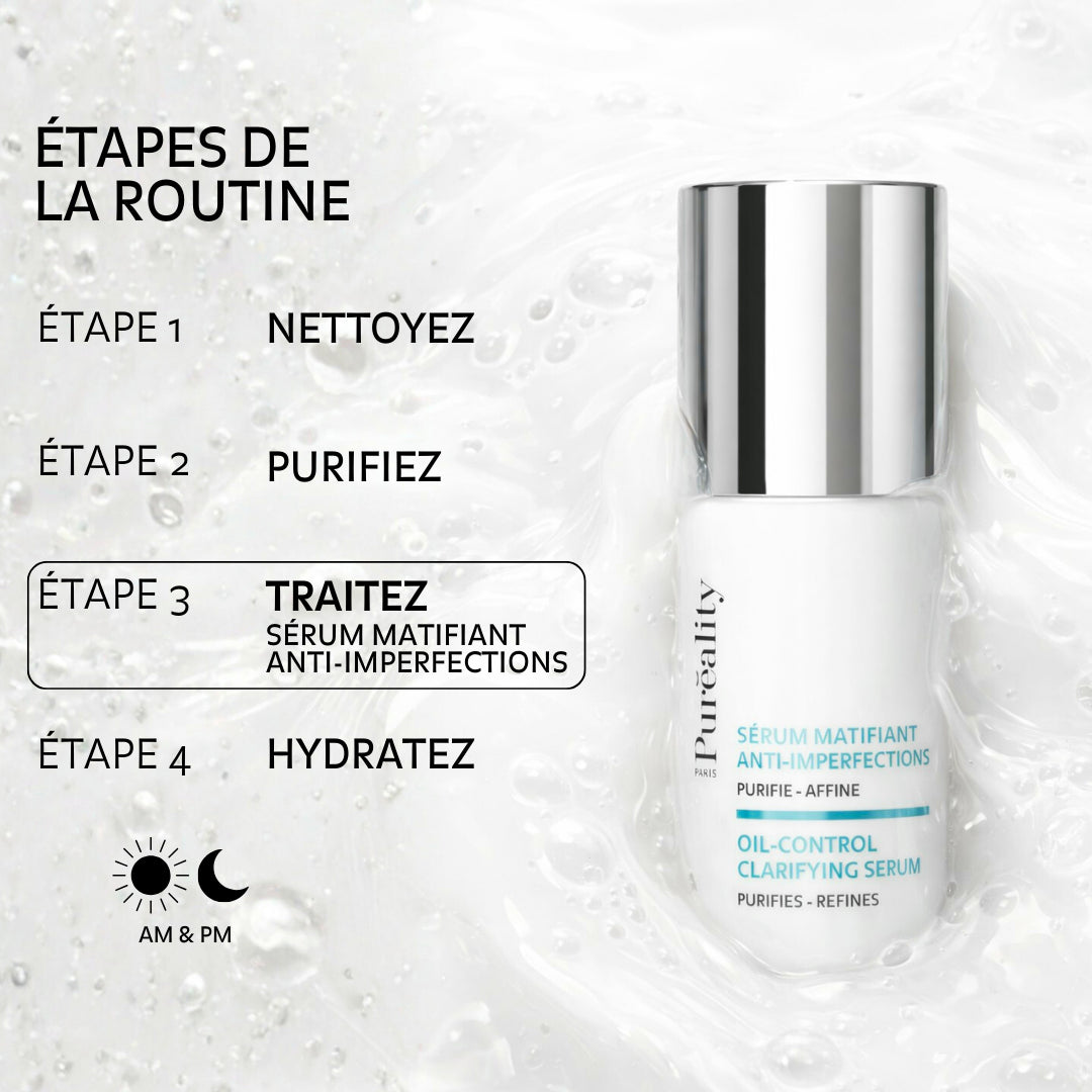 Routine visage Puréality avec sérum matifiant anti-imperfections appliqué matin et soir après le nettoyage
