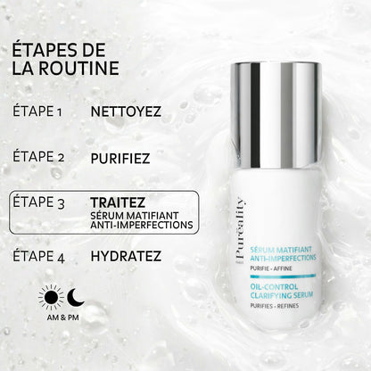Routine visage Puréality avec sérum matifiant anti-imperfections appliqué matin et soir après le nettoyage