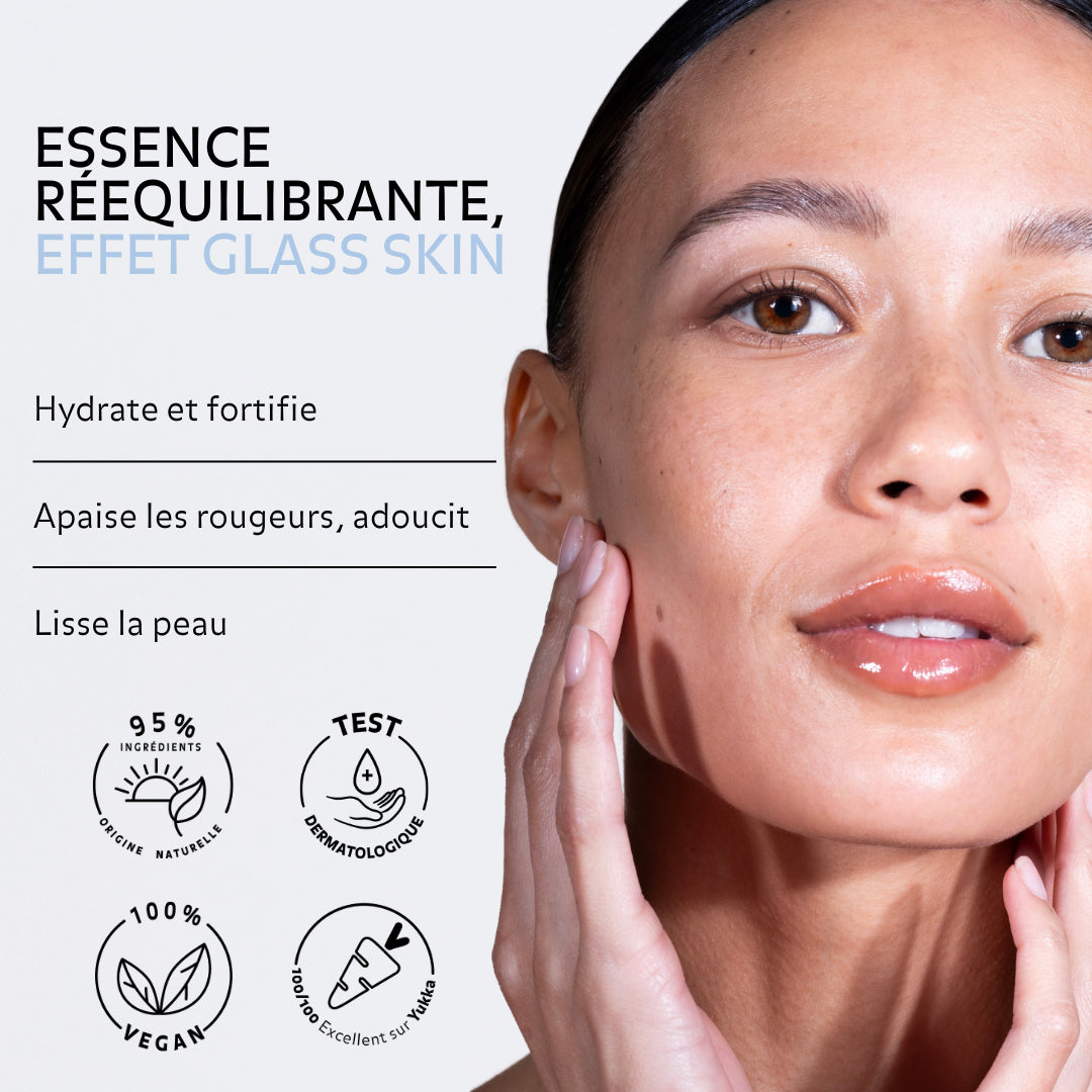Essence Rééquilibrante effet glass skin, hydrate et fortifie, apaise les rougeurs t adoucit et lisse la peau
