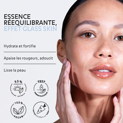 Essence Rééquilibrante effet glass skin, hydrate et fortifie, apaise les rougeurs t adoucit et lisse la peau