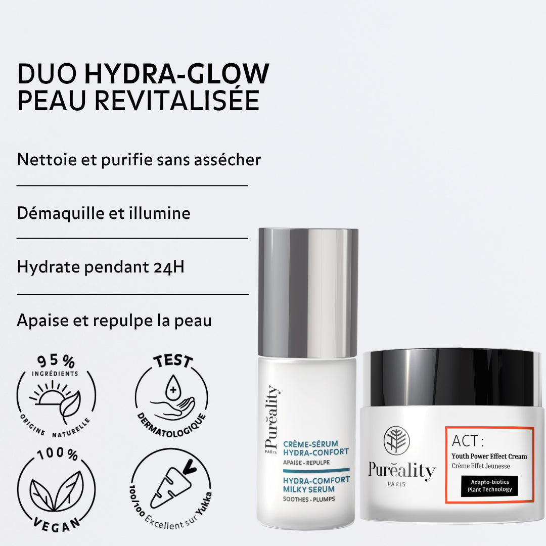 Duo Hydra Glow Pureality composé d’un sérum hydratant et d’une crème éclat anti-âge offrant hydratation 24h peau repulpée lumineuse et apaisée avec effet bonne mine immédiat