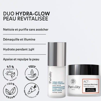Duo Hydra Glow Pureality composé d’un sérum hydratant et d’une crème éclat anti-âge offrant hydratation 24h peau repulpée lumineuse et apaisée avec effet bonne mine immédiat