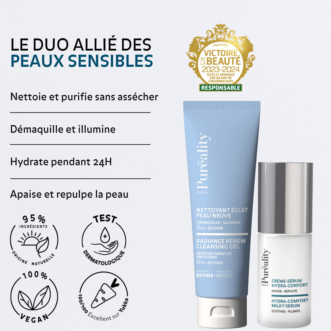 Duo soins peaux sensibles Puréality avec nettoyant éclat et crème-sérum hydra-confort : nettoie, hydrate 24h, apaise et repulpe la peau