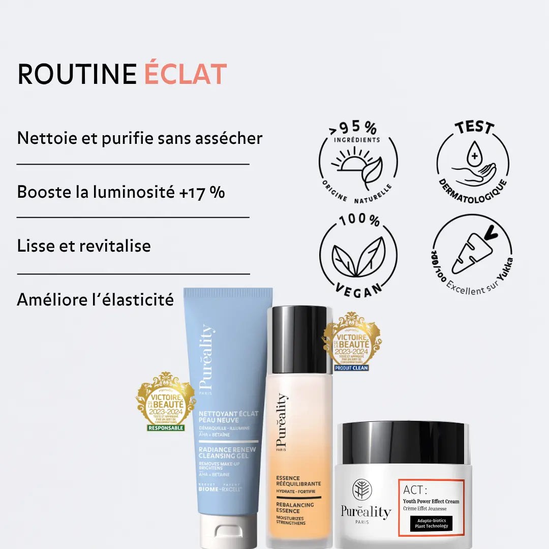 Routine éclat Pureality avec nettoyant visage essence régénérante et crème éclat pour nettoyer hydrater lisser la peau améliorer la luminosité et renforcer l’élasticité