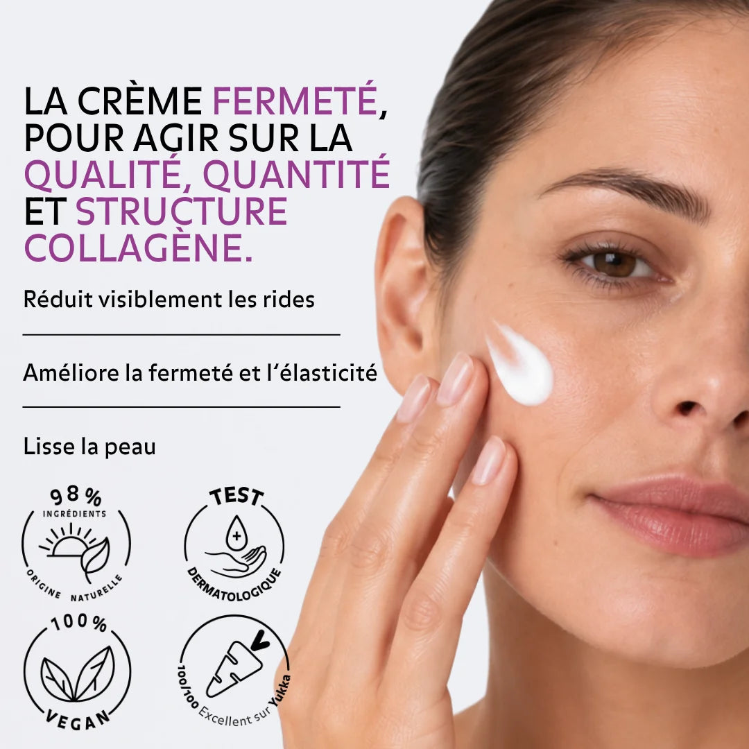 Femme appliquant la Crème Fermeté Revitalisante Puréality, soin visage anti-rides, fermeté et élasticité.