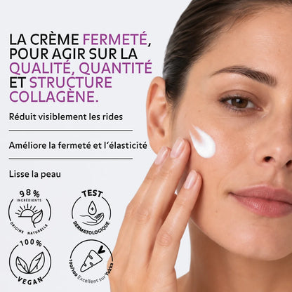 Femme appliquant la Crème Fermeté Revitalisante Puréality, soin visage anti-rides, fermeté et élasticité.