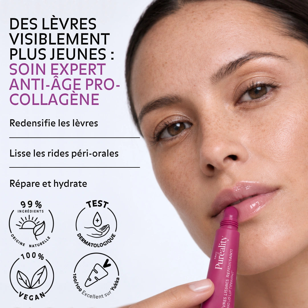 Femme appliquant le Soin Lèvres Lissant Repulpant Pureality, soin anti-âge qui redensifie, lisse les rides péri-orales, répare et hydrate les lèvres.