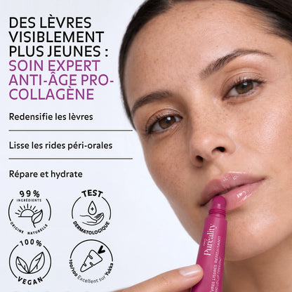 Femme appliquant le Soin Lèvres Lissant Repulpant Pureality, soin anti-âge qui redensifie, lisse les rides péri-orales, répare et hydrate les lèvres.