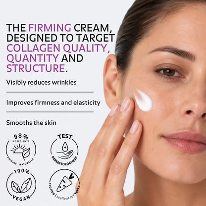 Woman applying Puréality Revitalising Firming Cream, a facial treatment targeting wrinkles, firmness and elasticity.
