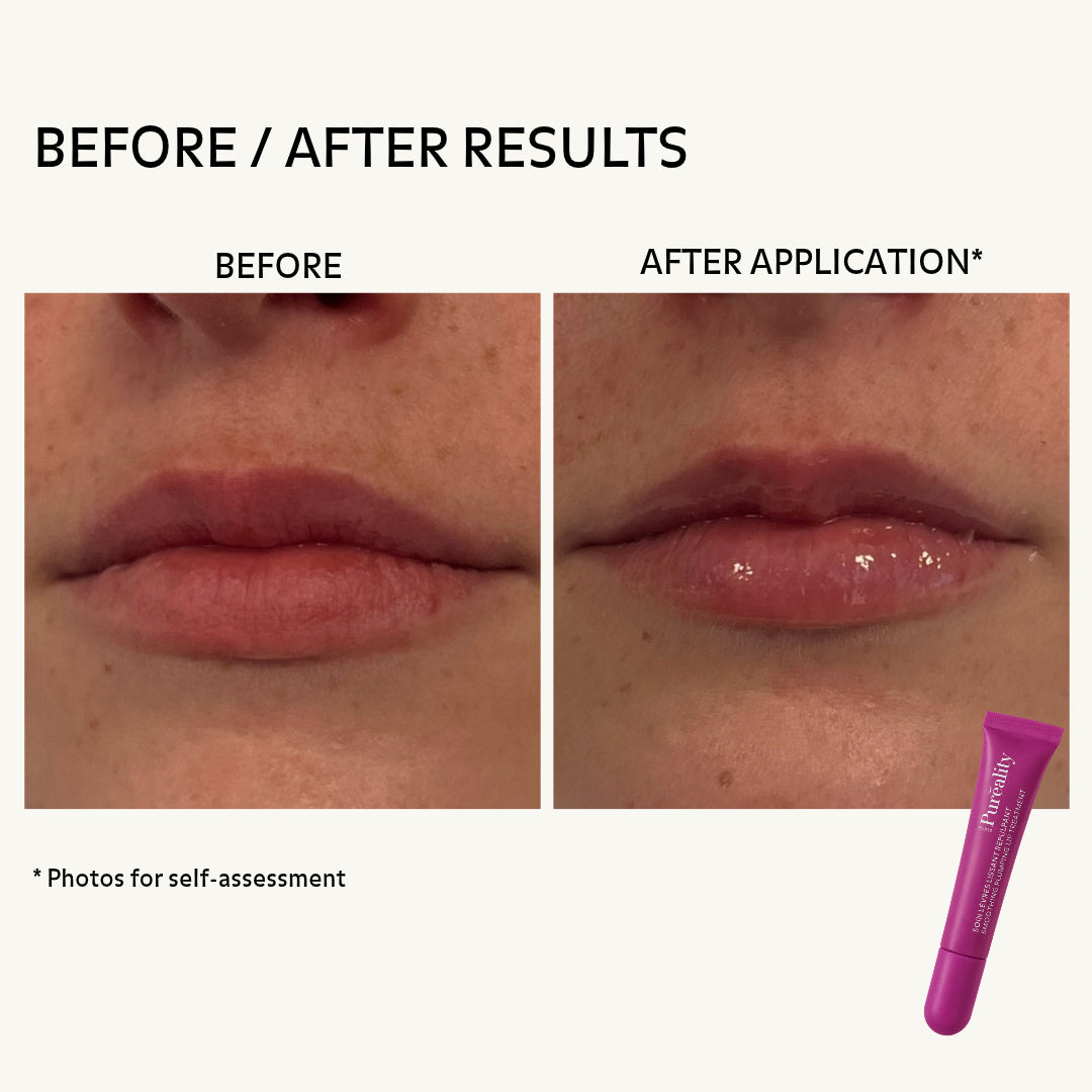 Before-and-after view of lips showing a smoother, glossier and plumper appearance after applying Pureality Smoothing Plumping Lip Treatment.