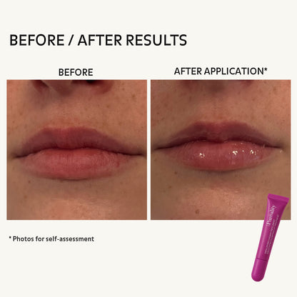 Before-and-after view of lips showing a smoother, glossier and plumper appearance after applying Pureality Smoothing Plumping Lip Treatment.
