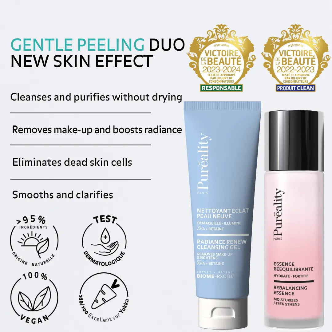 Puréality gentle peeling duo with cleansing gel and clarifying essence that cleanses, purifies, brightens and smooths skin without drying