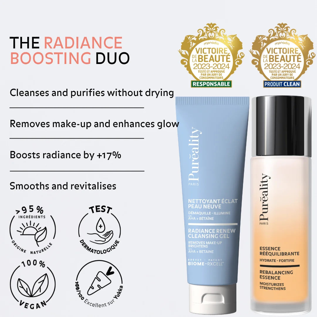 Radiance boosting duo Puréality Paris cleansing gel and renewing essence that cleanse, remove make-up, hydrate and enhance skin glow without drying