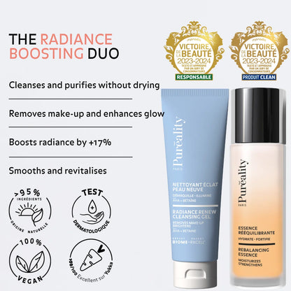 Radiance boosting duo Puréality Paris cleansing gel and renewing essence that cleanse, remove make-up, hydrate and enhance skin glow without drying