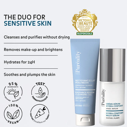 Puréality sensitive skin duo with cleansing gel and hydra-comfort milky serum that cleanses, hydrates 24h, soothes and plumps skin