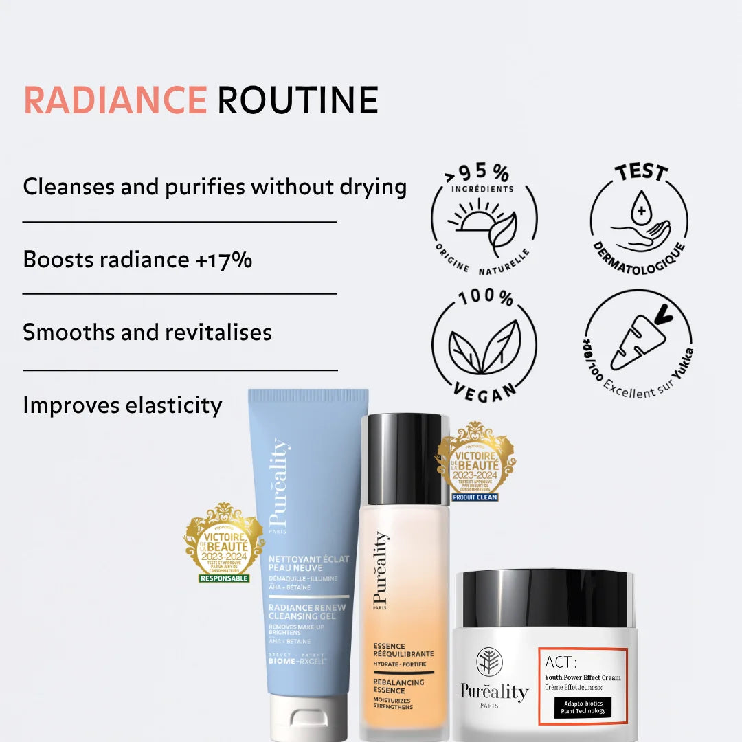 Radiance skincare routine with cleansing gel renewing essence and anti aging radiance cream that cleanses without drying boosts glow by 17 percent smooths skin texture improves elasticity and delivers brighter healthier looking skin with natural vegan dermatologically tested formula