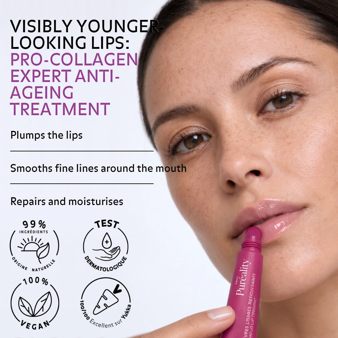 Woman applying Pureality Smoothing Plumping Lip Treatment, a pro-collagen anti-ageing treatment that plumps, smooths fine lines, repairs and moisturises the lips.
