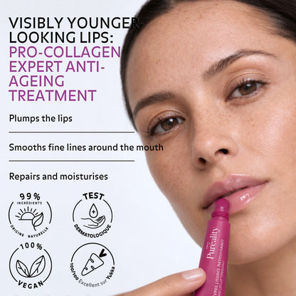 Woman applying Pureality Smoothing Plumping Lip Treatment, a pro-collagen anti-ageing treatment that plumps, smooths fine lines, repairs and moisturises the lips.